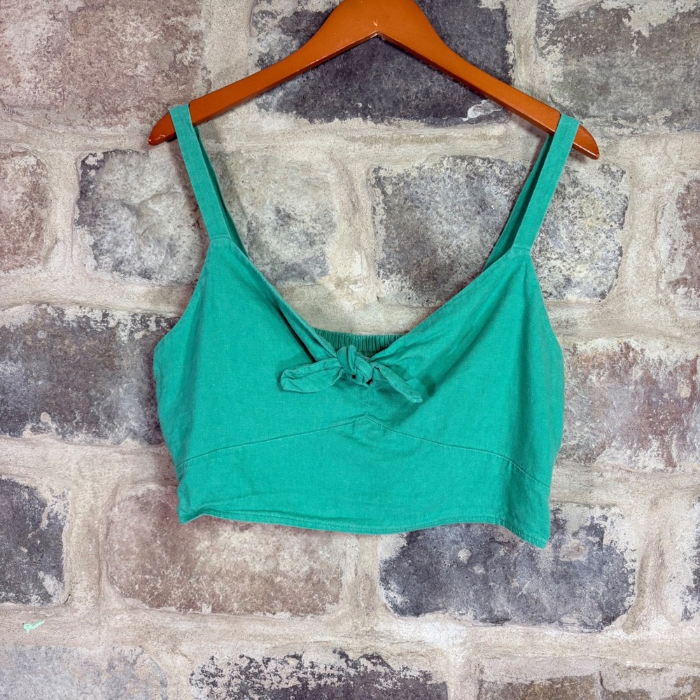 Universal Thread Women's Green Linen Blend Tie Front Smocked Crop Top Large